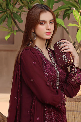 Guzel Maroon Formal Collection Chiffon Unstitched 3Pc Suit