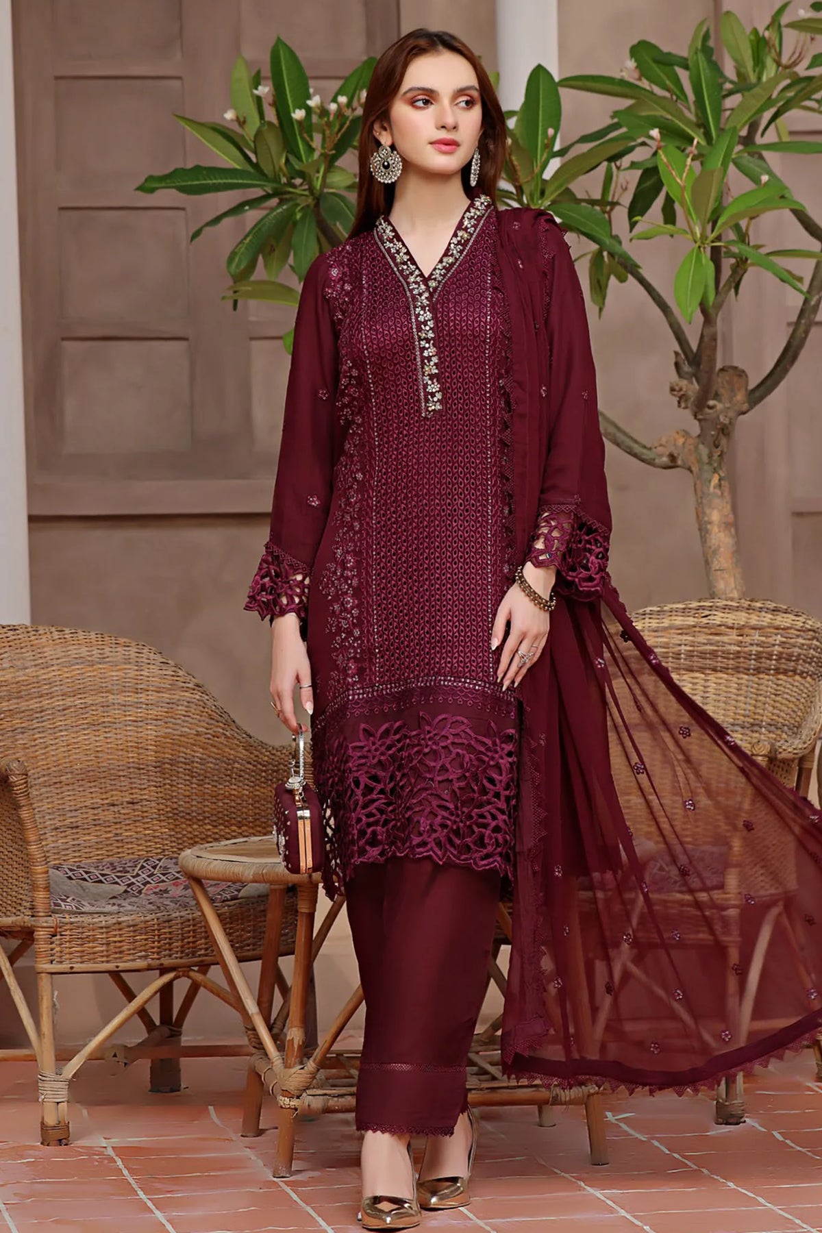 Guzel Maroon Formal Collection Chiffon Unstitched 3Pc Suit