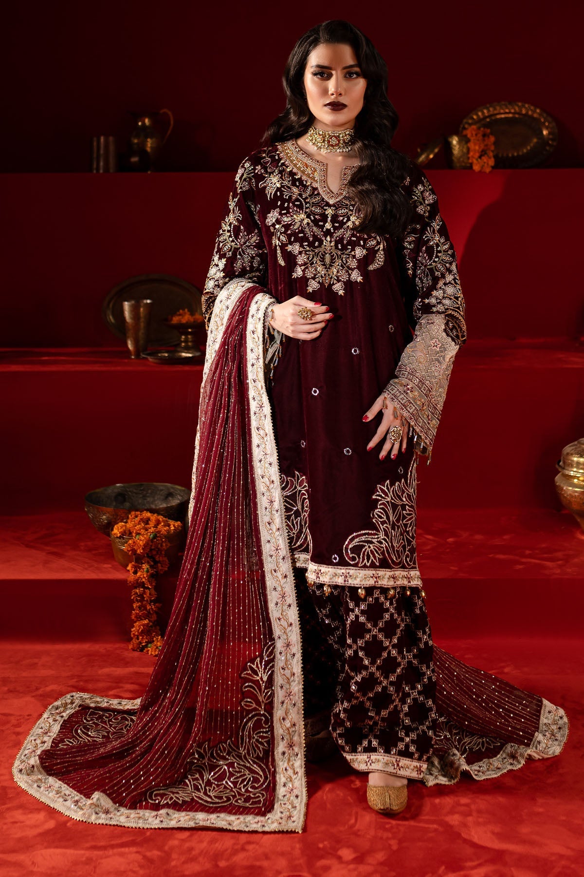 NUREH MEHROON VELVET COLLECTION