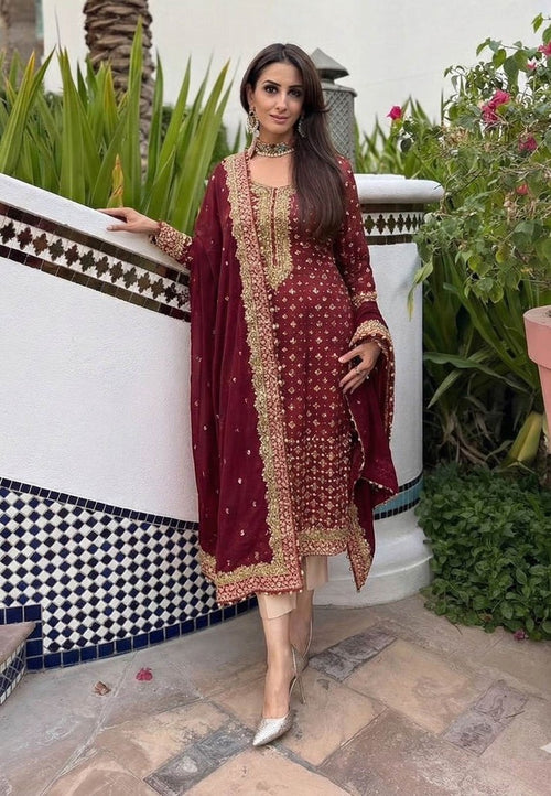HADIZOUTFIT NEW MAROON CHIFFON PARTY WEAR