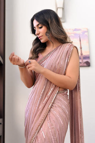 HADIZOUTFIT NEW PEACH CHIFFON PARTY WEAR SAREE ECZZ-246