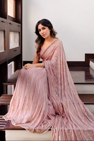HADIZOUTFIT NEW PEACH CHIFFON PARTY WEAR SAREE ECZZ-246