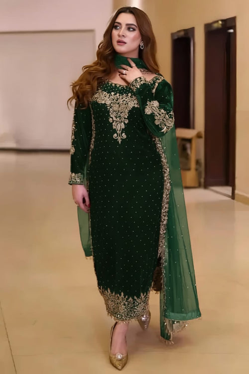 ANEELAS NEW BOTTLE GREEN VELVET PARTY WEAR