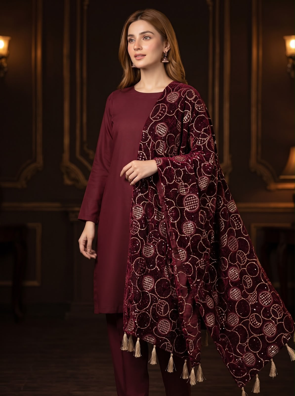 HADIZOUTFIT NEW MEHROON VELVET EMBROIDERED SHAWL