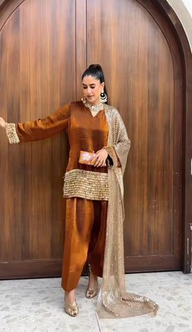 HADIZOUTFIT NEW BROWN SILK PARTY WEAR