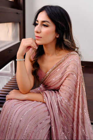 HADIZOUTFIT NEW PEACH CHIFFON PARTY WEAR SAREE ECZZ-246