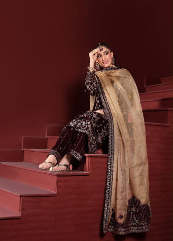 HADIZOUTFIT NEW MAROON VELVET PARTY WEAR HZZZ - 249