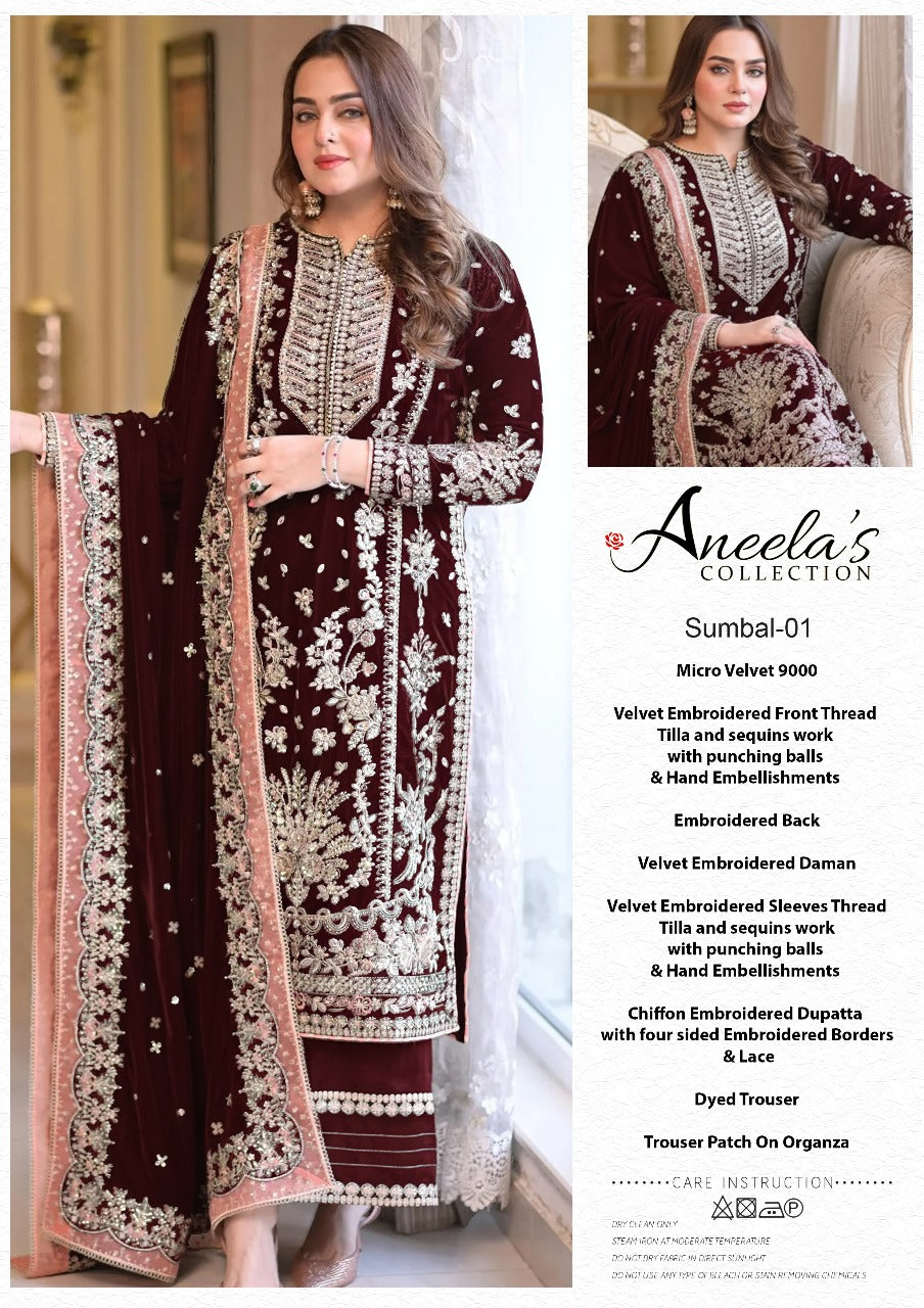 ANEELAS NEW MAROON VELVET PARTY WEAR