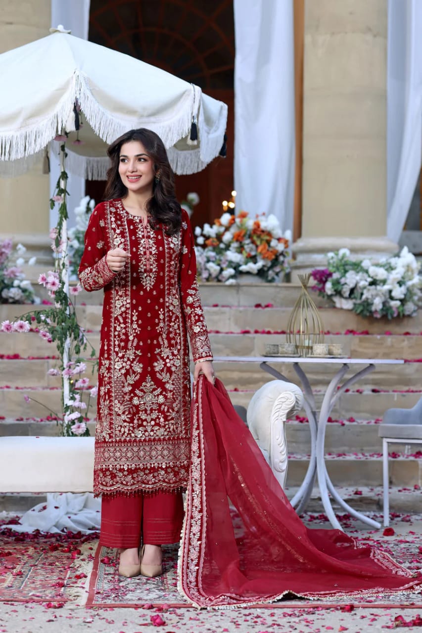 ANEELAS NEW RED HAND MADE VELVET PARTY WEAR