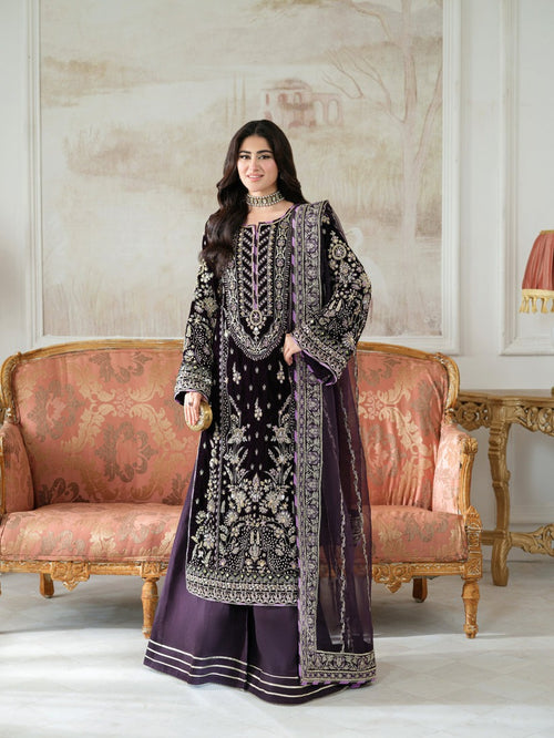ANEELAS PURPLE NEW VELVET PARTY WEAR GZZZ-241