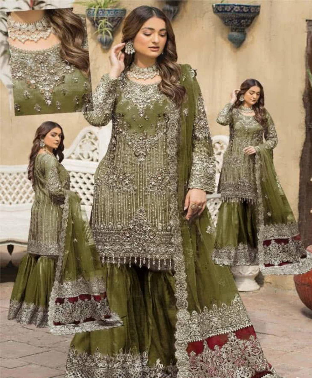 IMROZIA GREEN 4PCS NET GHARARA DRESS