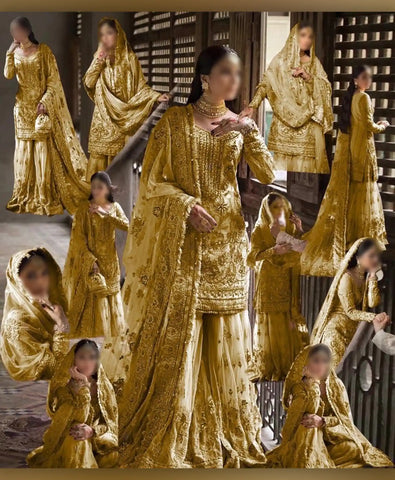 ERUM KHAN NEW YELLOW NET GHARARA