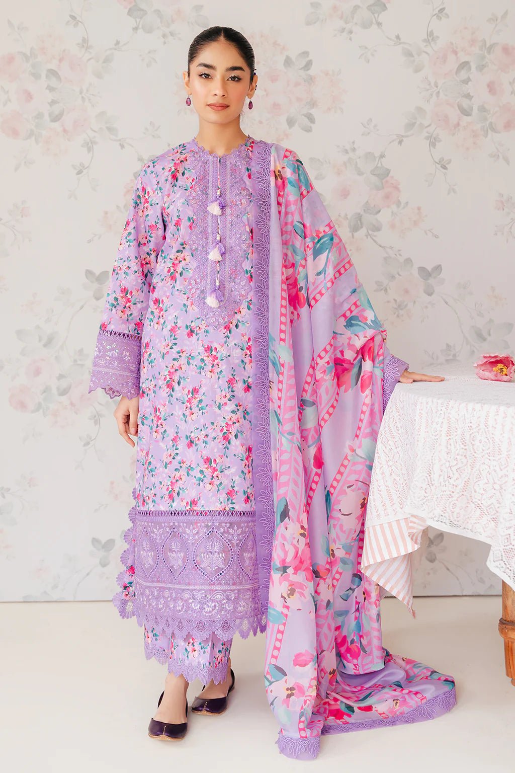 AFROZEH EMBROIDERED LAWN 3 PIECE UNSTITCHED SUIT ORCHID - SUMMER COLLECTION