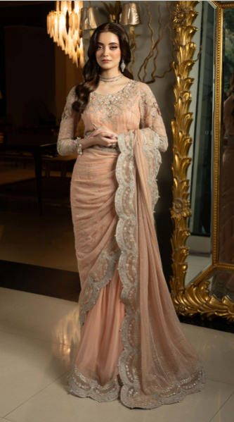MARIA B NEW PEACH NET SAREE