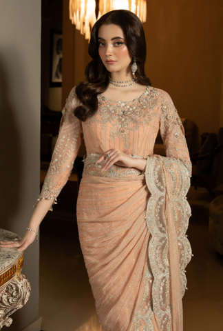 MARIA B NEW PEACH NET SAREE