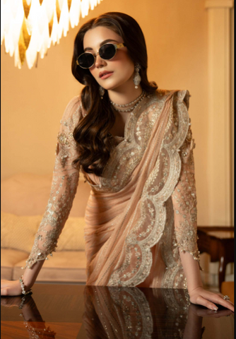 MARIA B NEW PEACH NET SAREE
