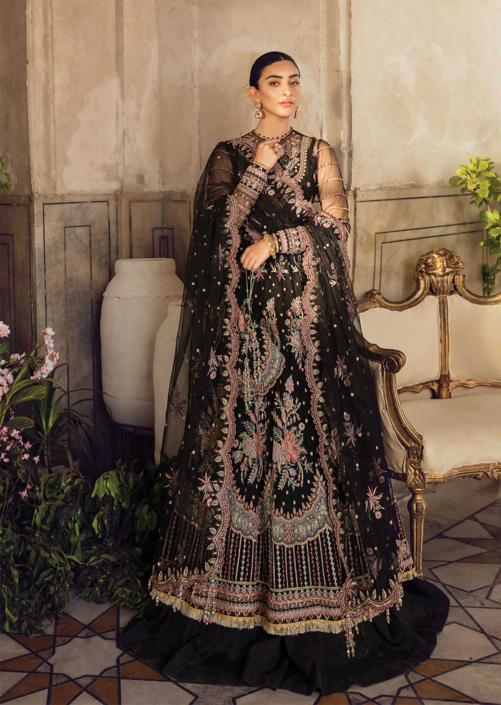 Afrozeh Black Bridal Collection Net Maxi