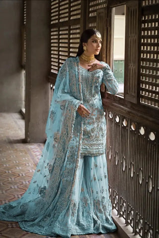 Nameera By Farooq Sky Blue Gharara Collection Organza