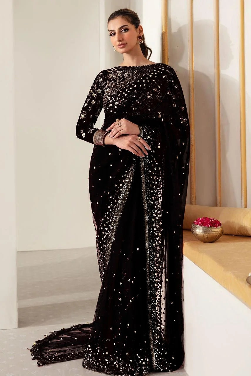 Jazmin Formals Black Net Unstitched Saree Collection WQ-24