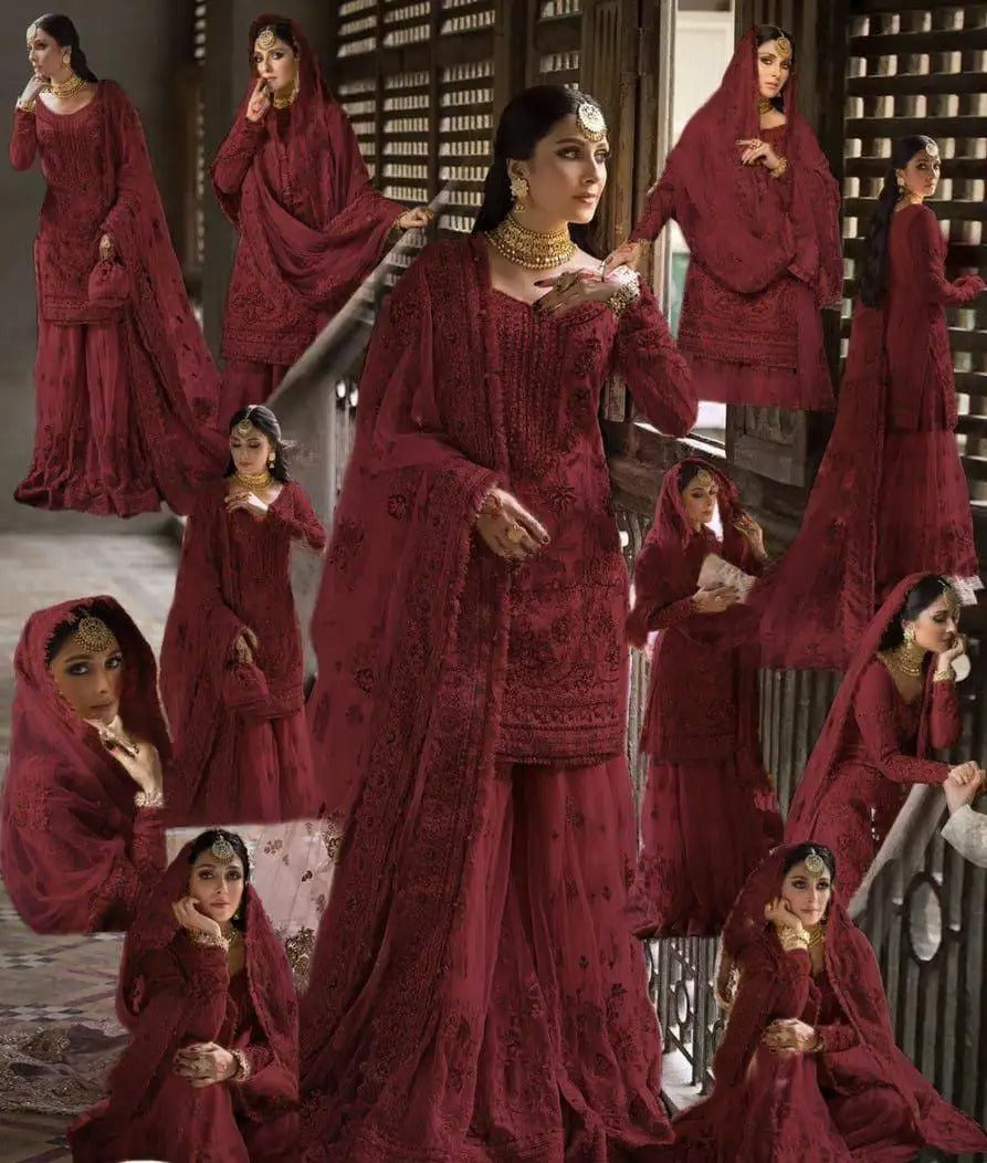 ERUM KHAN NEW MAROON NET GHARARA