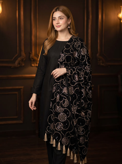 HADIZOUTFIT NEW BLACK VELVET EMBROIDERED SHAWL