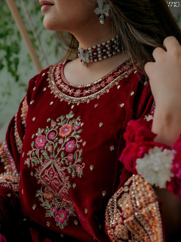 ANEELAS NEW MAROON VELVET PARTY WEAR