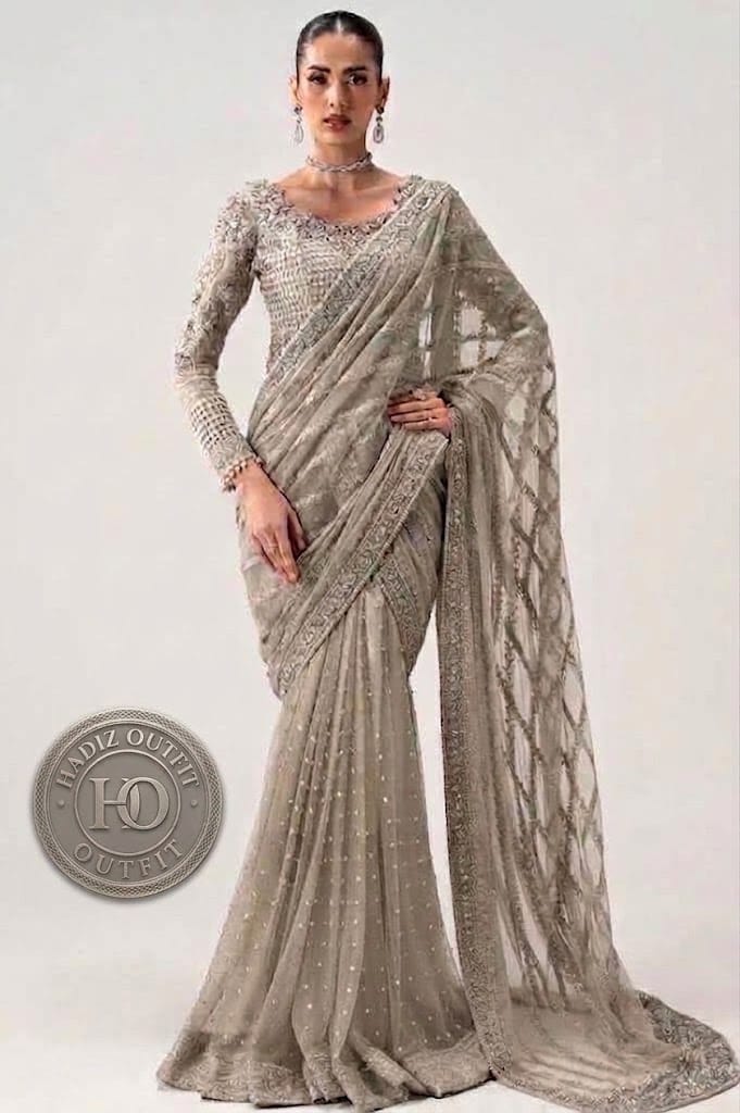 MARIA B NEW EXCLUSIVE GREY NET SAREE GEZZ-125