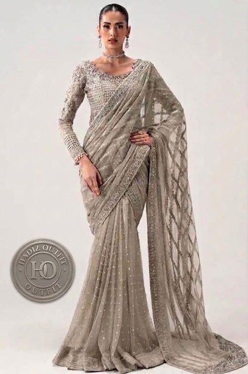 MARIA B NEW EXCLUSIVE GREY NET SAREE GEZZ-125