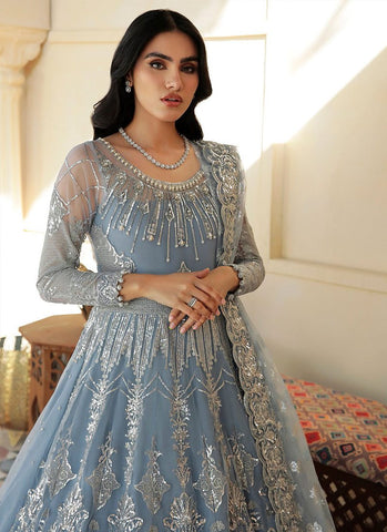 Afrozeh Sky Blue Bridal Collection Net Maxi Replica