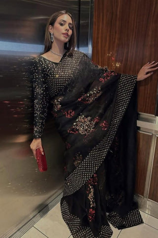 HADIZOUTFIT NEW BLACK ORGANZA PARTY WEAR SAREE IEEZ-274