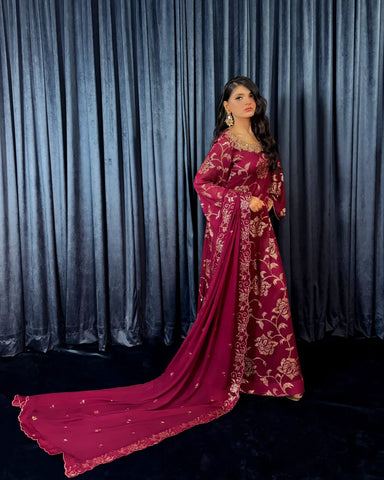 HADIZOUTFIT NEW RED CHIFFON PARTY WEAR FEEZ-105