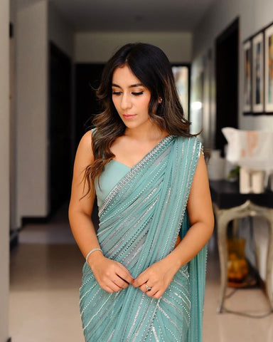 HADIZOUTFIT NEW AQUA CHIFFON SAREE ECZZ-068