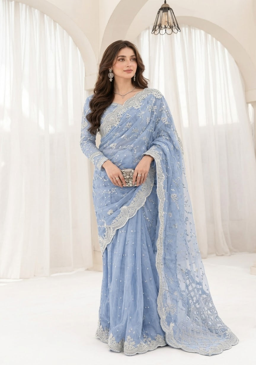 HADIZOUTFIT NEW SKY NET PARTY WEAR SAREE FEZZ-262