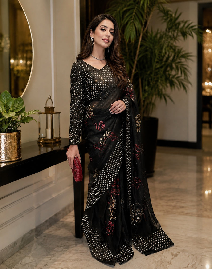 HADIZOUTFIT NEW BLACK ORGANZA PARTY WEAR SAREE IEEZ-274