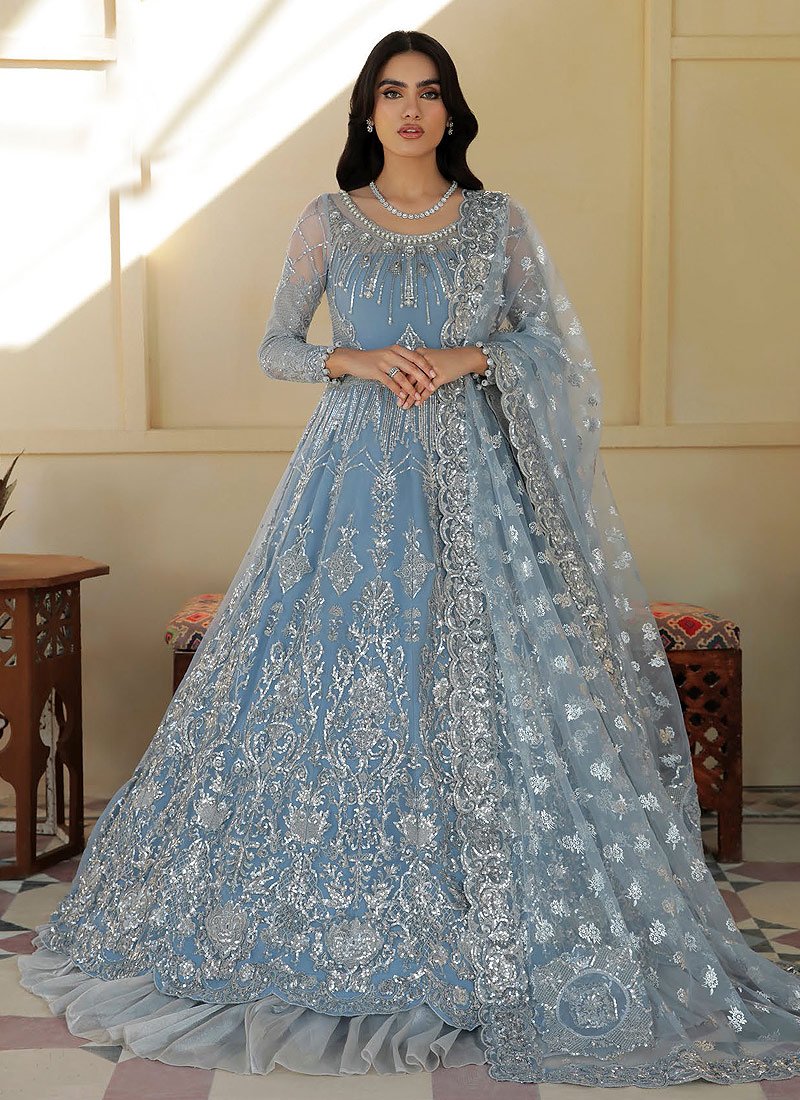 Afrozeh Sky Blue Bridal Collection Net Maxi Replica - Hadiz Outfit